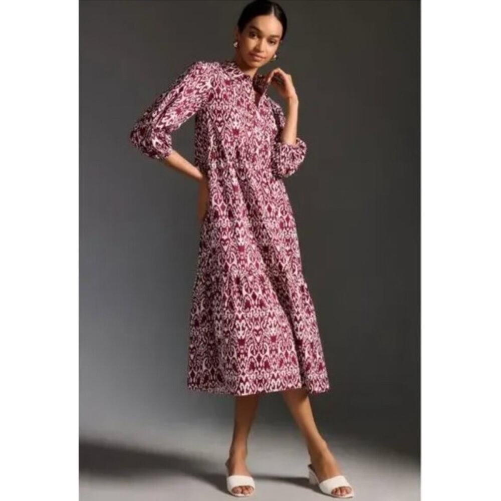 Anthropologie Maeve Bettina Tiered Shirt Dress Maxi Size Medium Wine Ikat Cotton